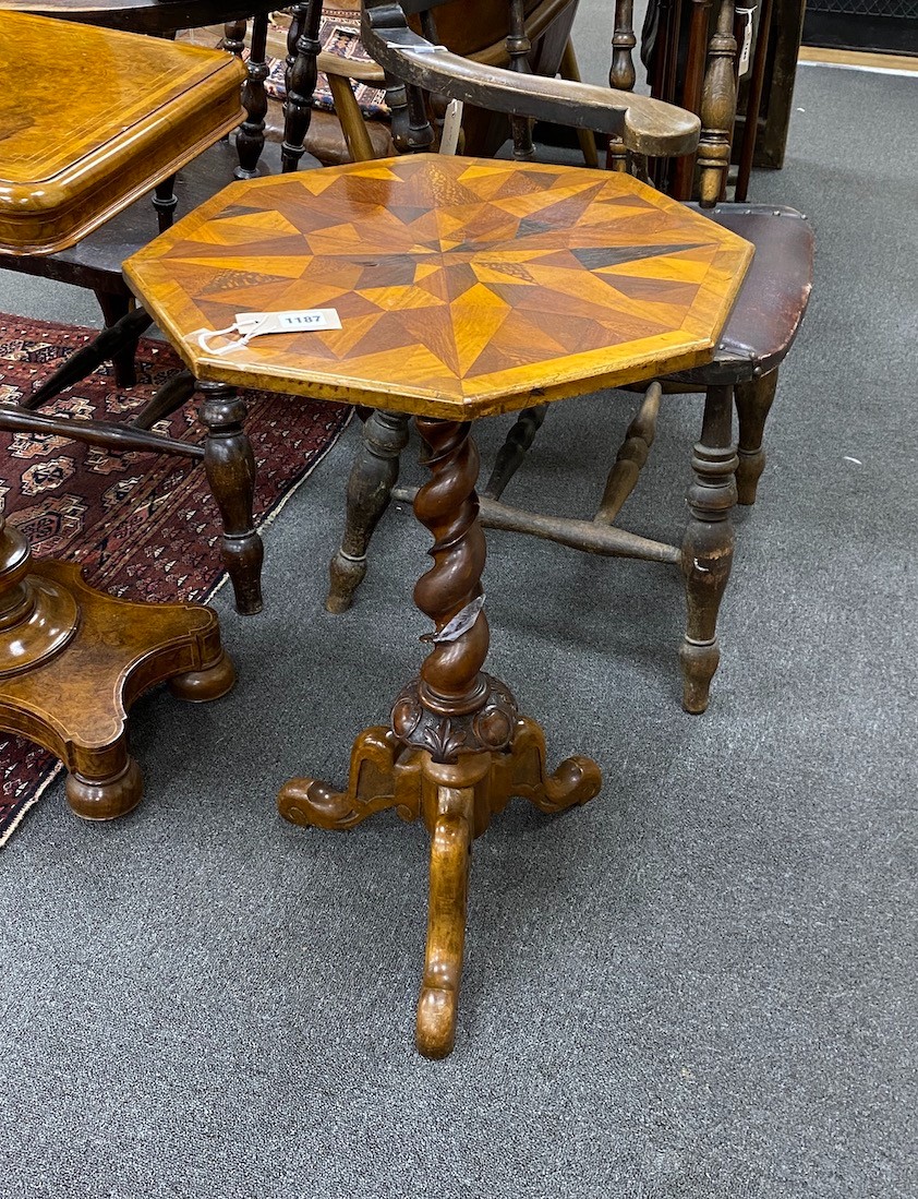 A Victorian octagonal parquetry specimen wood tripod wine table, width 45cm, height 71cm